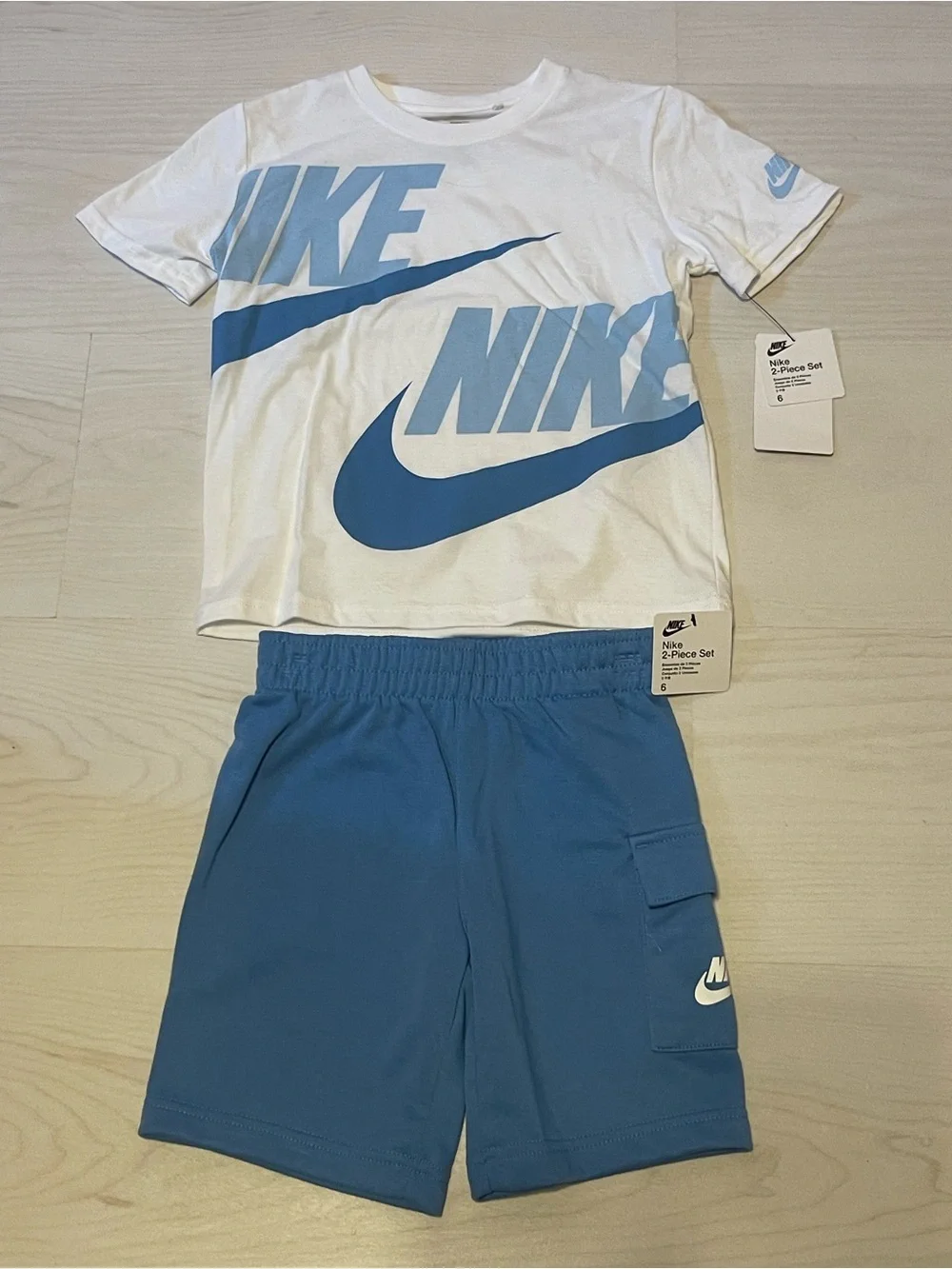 Nike White and Blue Logo Tee with Blue Shorts Kids Set